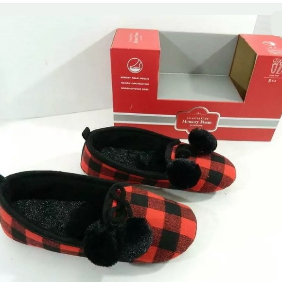 tartan slippers with pom poms